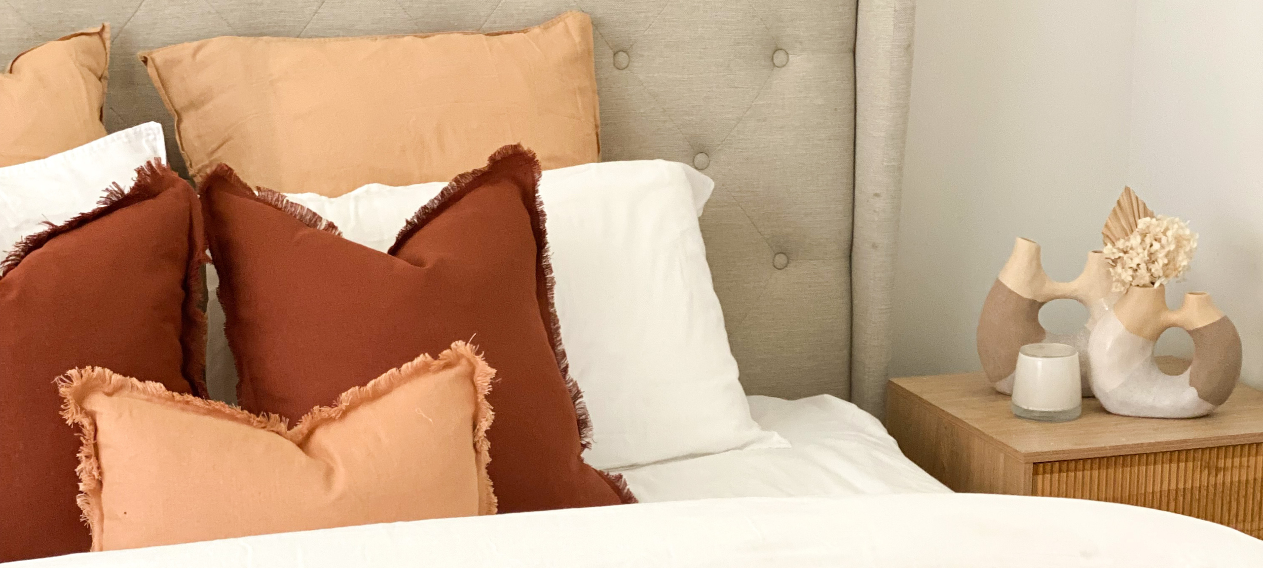 Pillow Talk bedroom styling pecan and rust