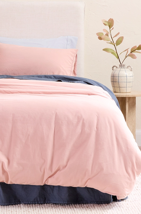 Stonewash cotton pearl blush quilt cover set with blue shadow and blue dawn sheets