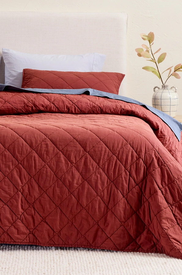 Rosewood coverlet set with blue haze sheet set