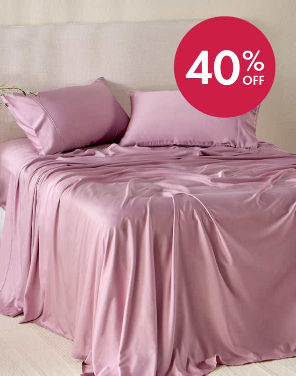 40% off bamboo cotton sheet sets, dusty violet colour displayed.