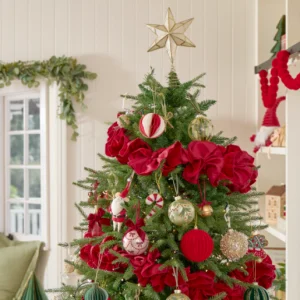 Traditional Christmas tree with presents in living room